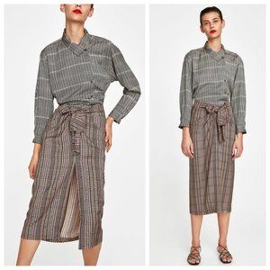 BNWT Zara Plaid Tie-Front Midi Skirt SIZE L